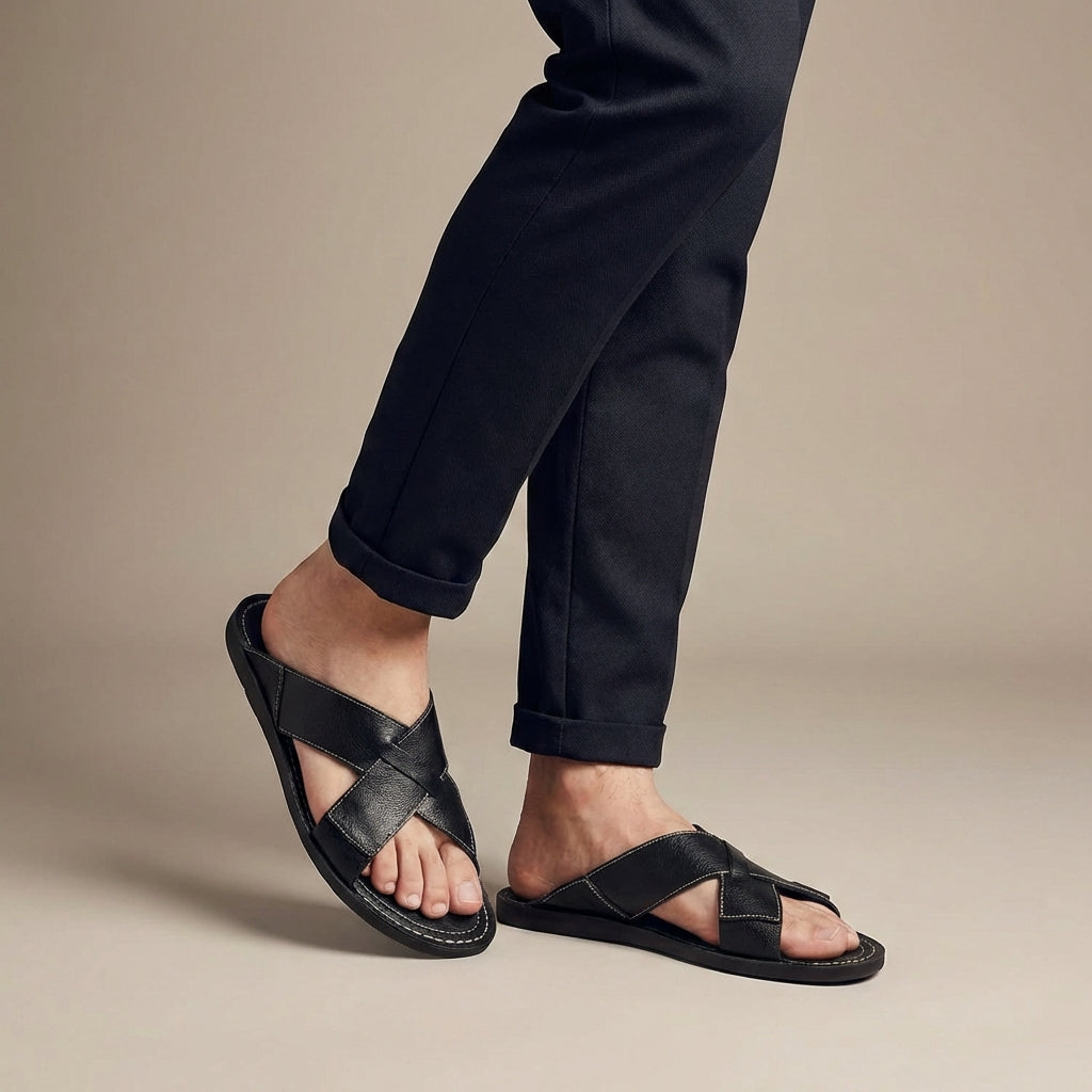 Men's Leather Slide Sandals - Open Toe Cross-Strap Slip-On - Flat Sole - Topstitched Footbed