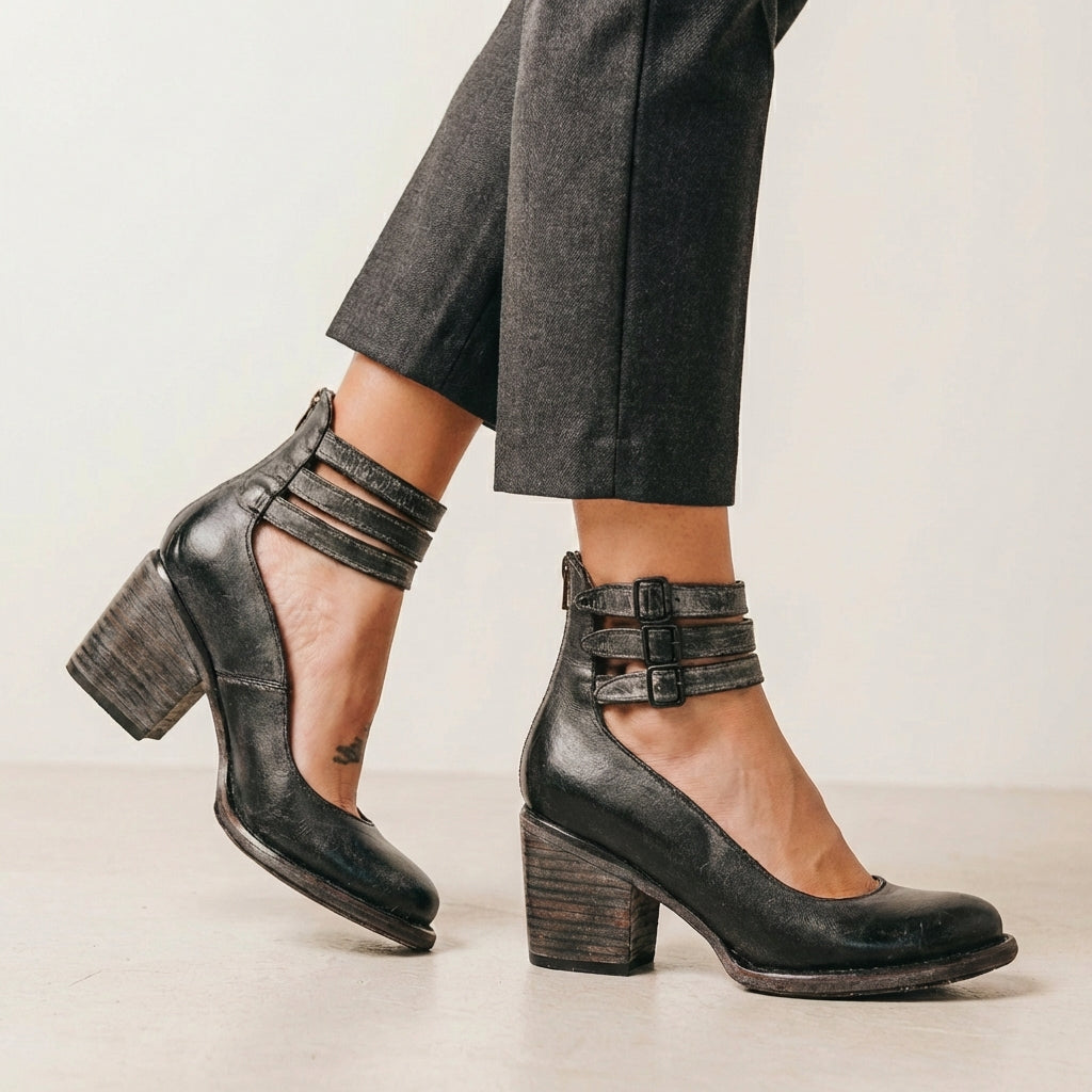 Women’s Rounded Toe Block Heel Pumps with Buckled Ankle Straps and Cut-Out Sides