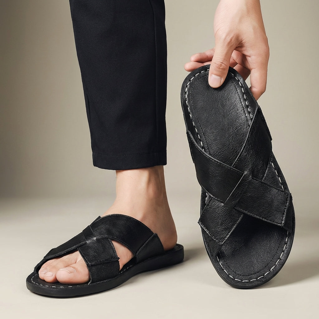 Men's Leather Slide Sandals - Open Toe Cross-Strap Slip-On - Flat Sole - Topstitched Footbed