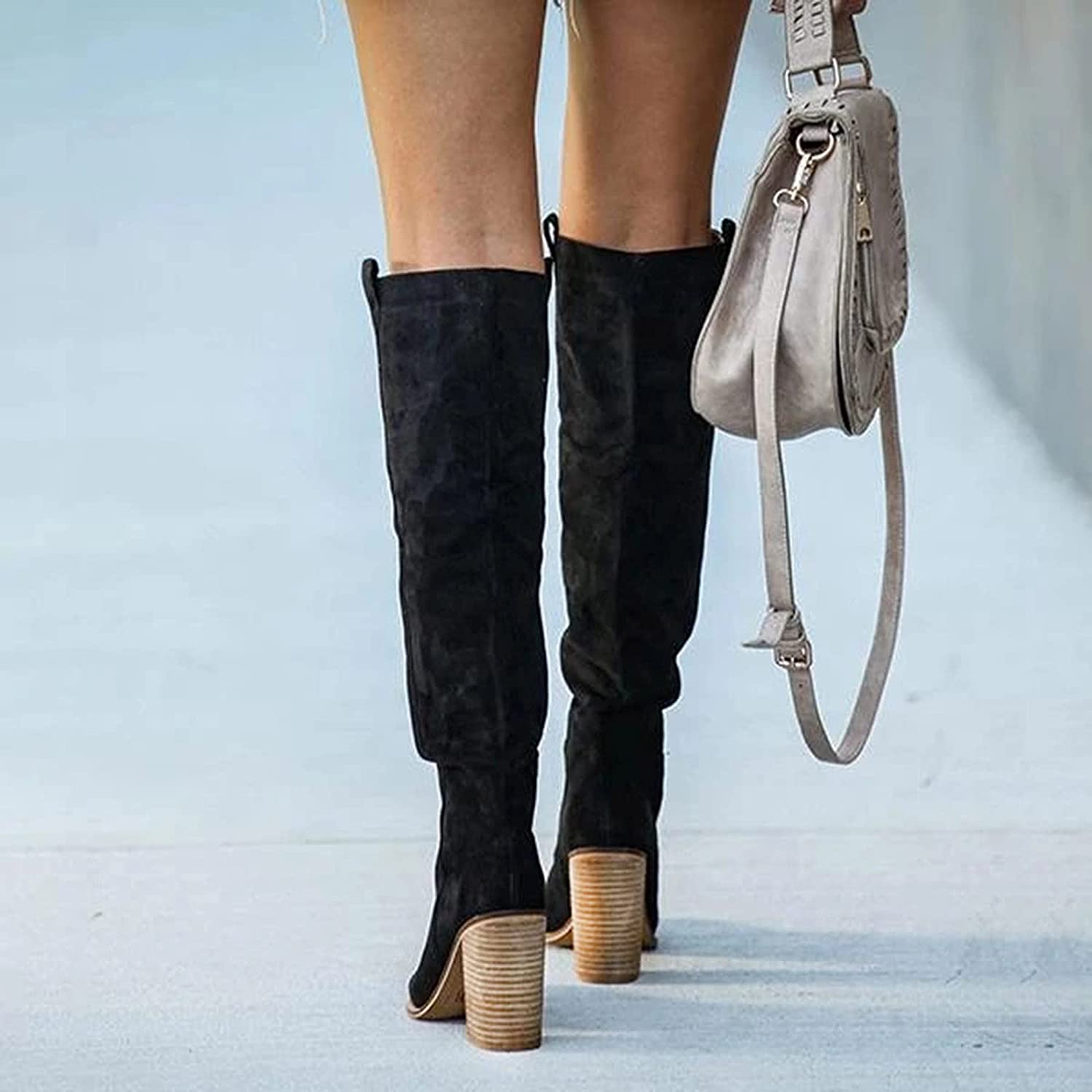 Women’s Faux Leather Knee-High Boots with Block Heel and Closed Toe