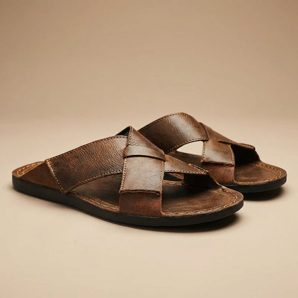 Men's Leather Slide Sandals - Open Toe Cross-Strap Slip-On - Flat Sole - Topstitched Footbed