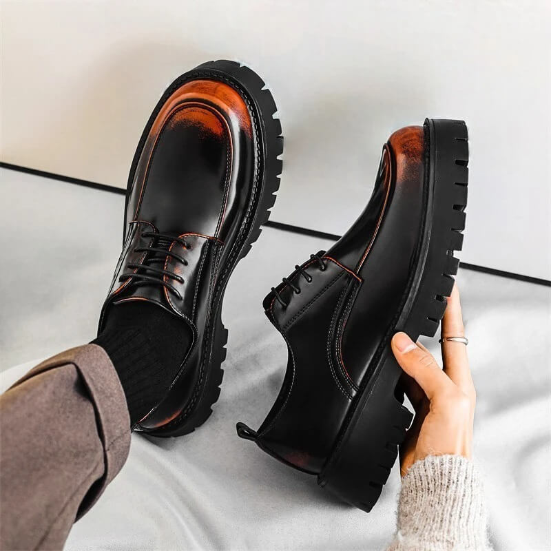 Men’s Leather Lace-Up Casual Platform Shoes with Rounded Toe and Lug Sole