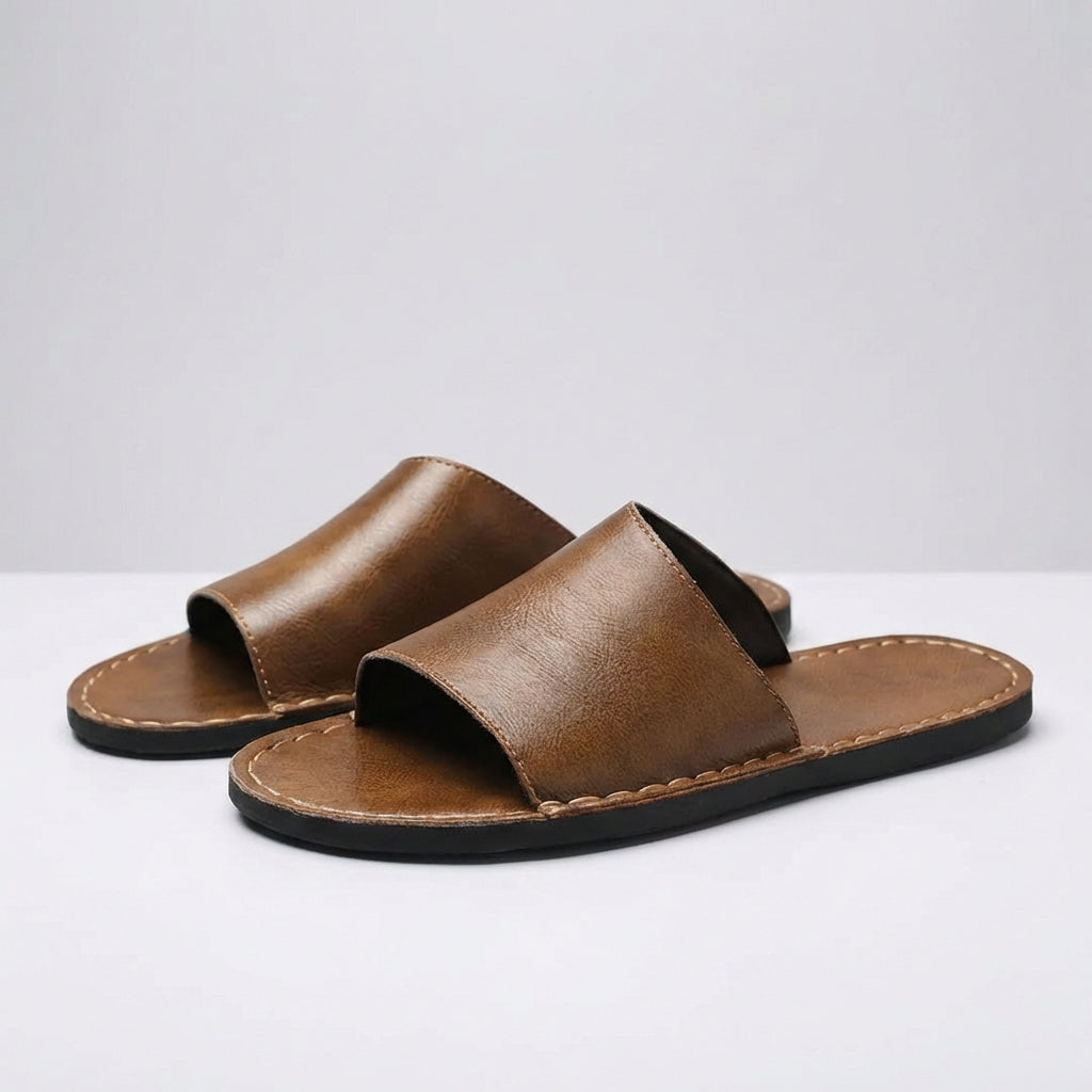 Men's Slide Sandals - Open Toe Single Band Slip-On - Flat Sole - Visible Topstitching Detail