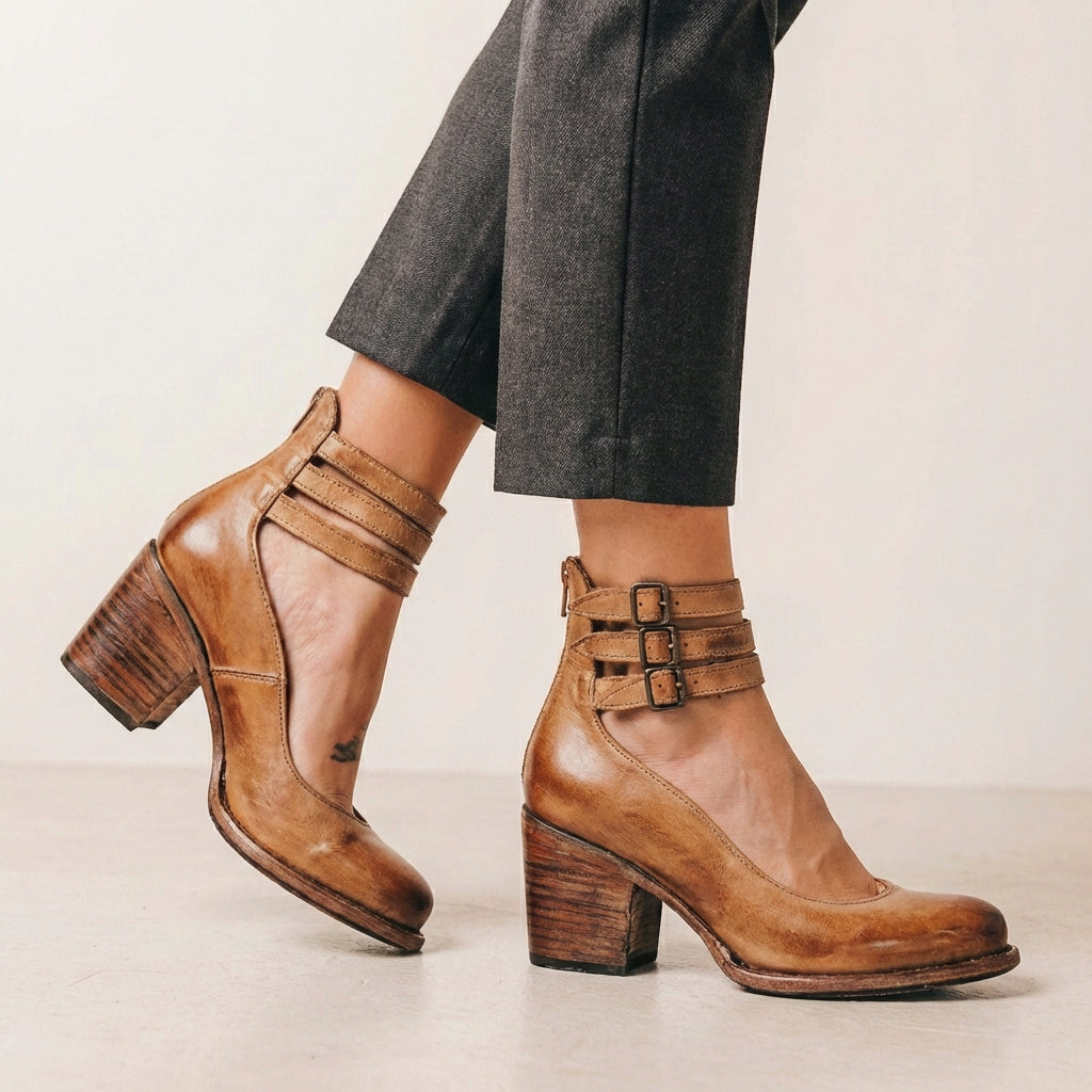 Women’s Rounded Toe Block Heel Pumps with Buckled Ankle Straps and Cut-Out Sides