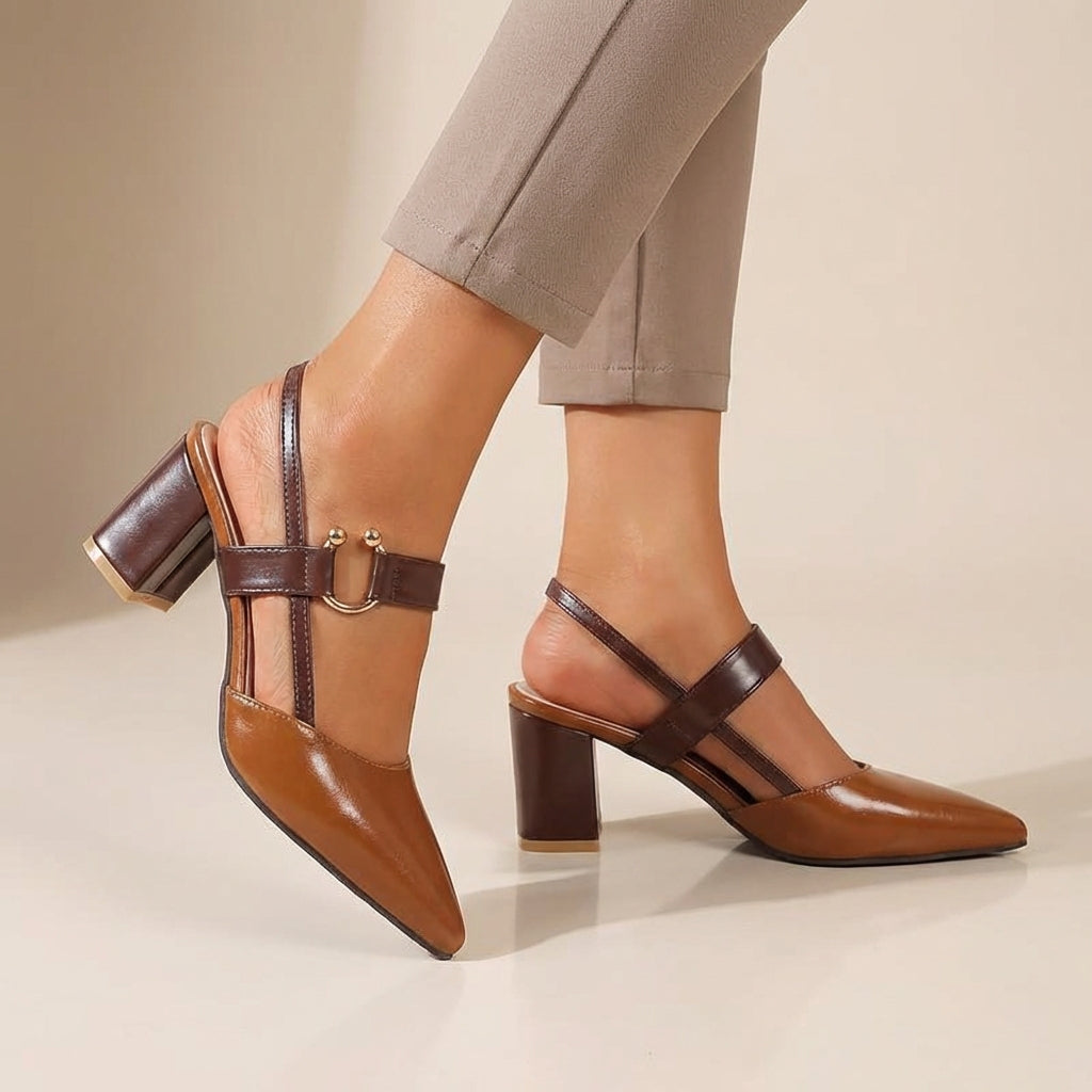 Women’s Pointed Toe Slingback Heeled Shoes with Block Heel and Strap Detail