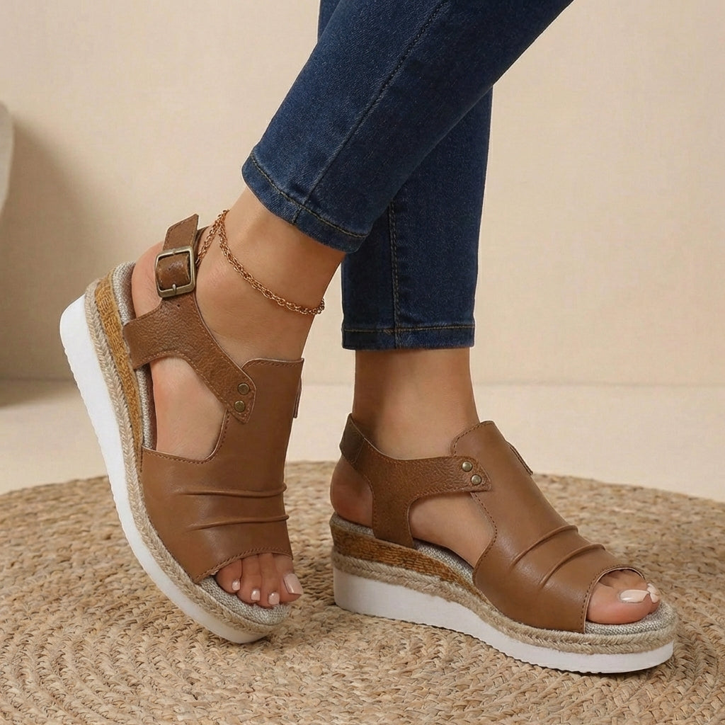 Women's Peep Toe Wedge Sandals - T-Strap Cutout Vamp - Slingback Buckle Strap - Espadrille Platform Sole