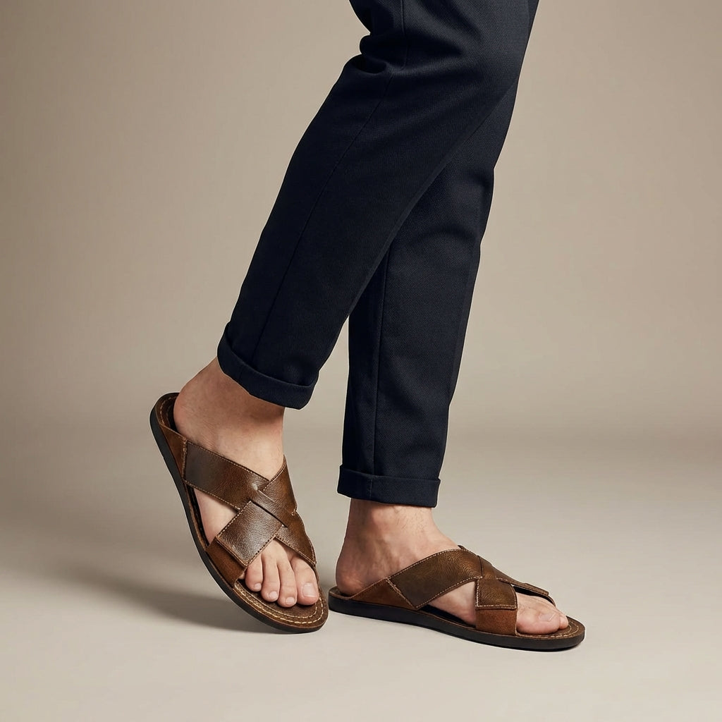 Men's Leather Slide Sandals - Open Toe Cross-Strap Slip-On - Flat Sole - Topstitched Footbed
