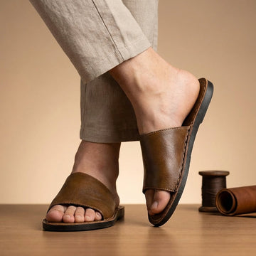 Men's Slide Sandals - Open Toe Single Band Slip-On - Flat Sole - Visible Topstitching Detail