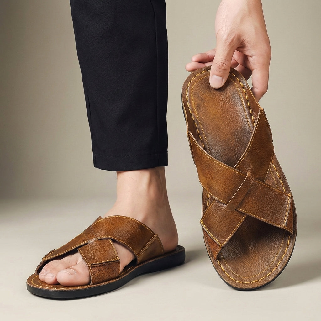 Men's Leather Slide Sandals - Open Toe Cross-Strap Slip-On - Flat Sole - Topstitched Footbed