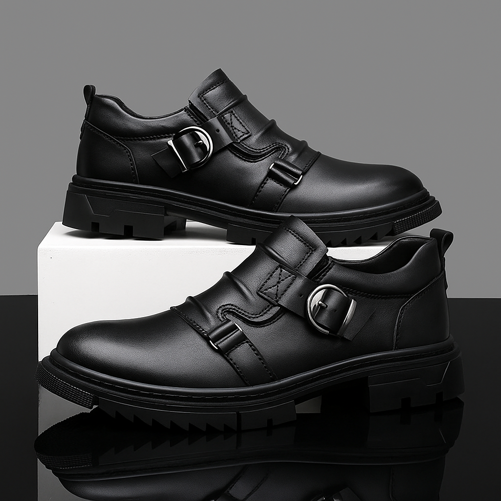 Men’s Buckle Strap Leather Shoes – Casual Smart Slip-On with Side Zipper