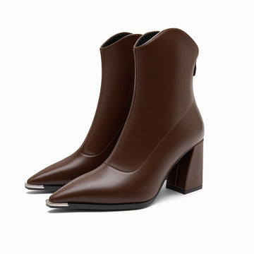 Women’s Ankle Boots with Pointed Toe, Block Heel, and Metallic Toe Detail