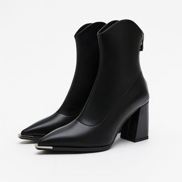 Women’s Ankle Boots with Pointed Toe, Block Heel, and Metallic Toe Detail