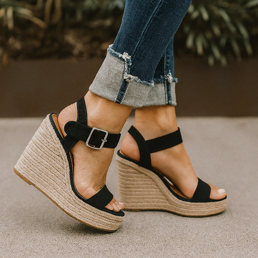 Women’s Open Toe Wedge Sandals with Ankle Strap and Platform Sole