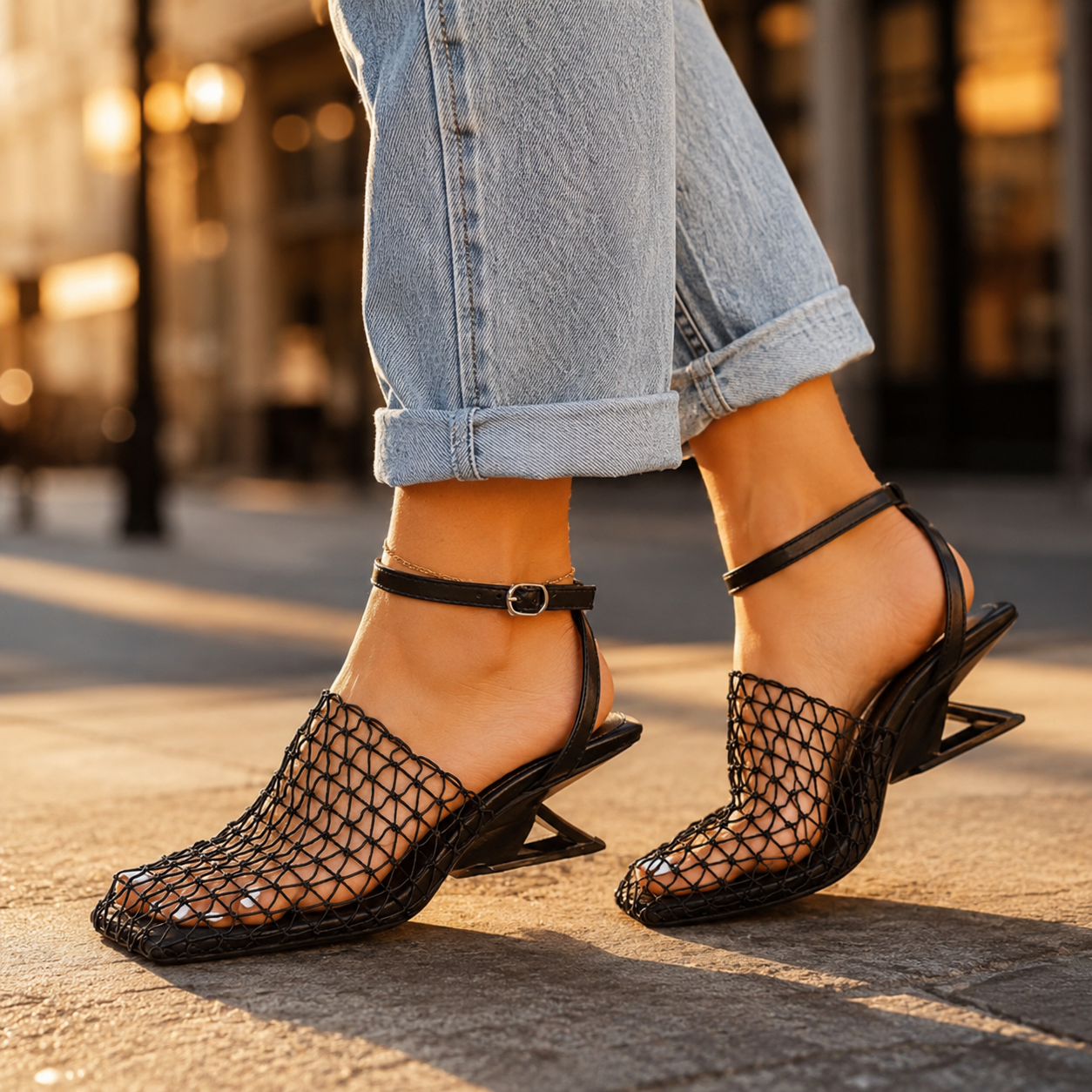 Women's Heels Square-Toe Mesh Lattice Slingback Geometric Block