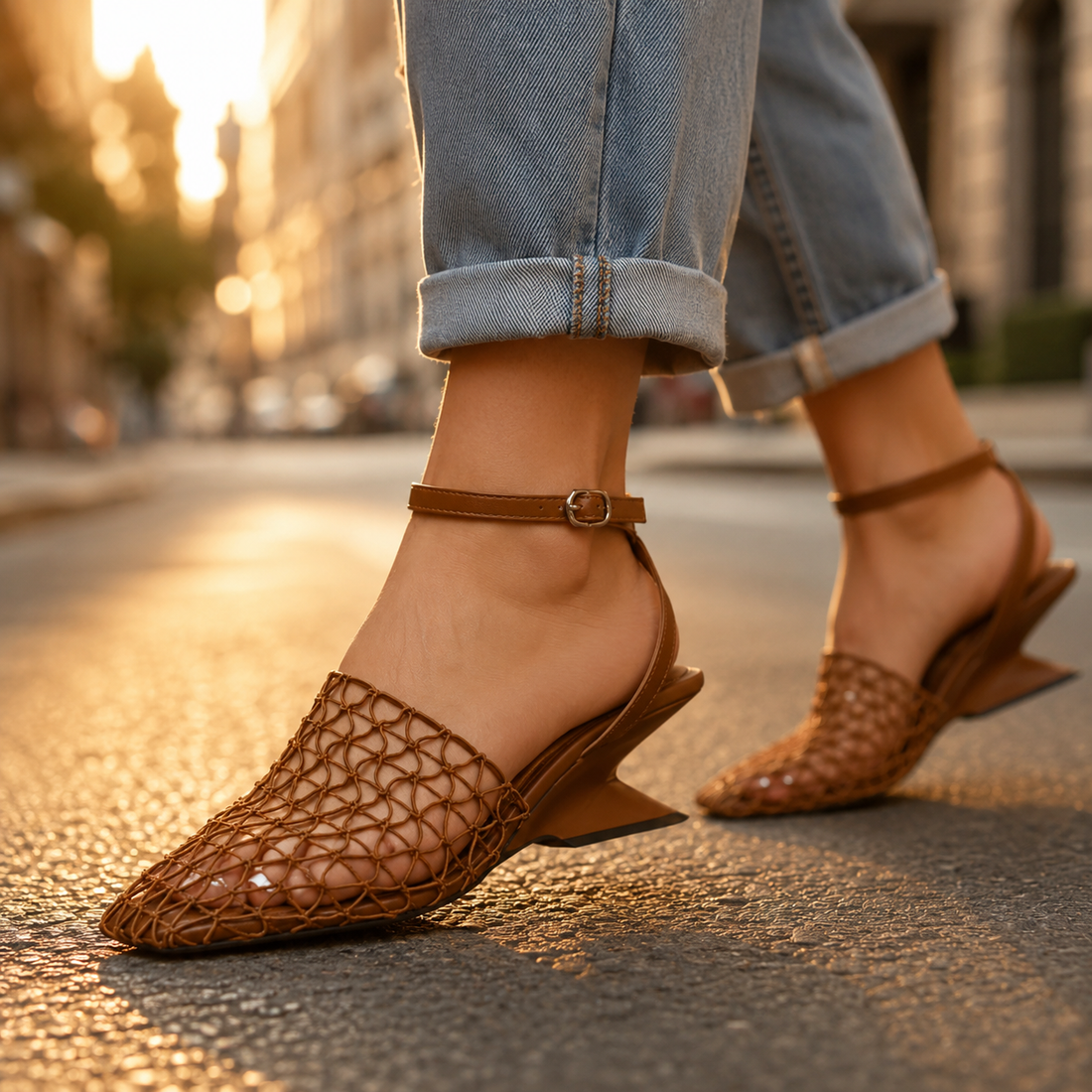 Women's Heels Square-Toe Mesh Lattice Slingback Geometric Block