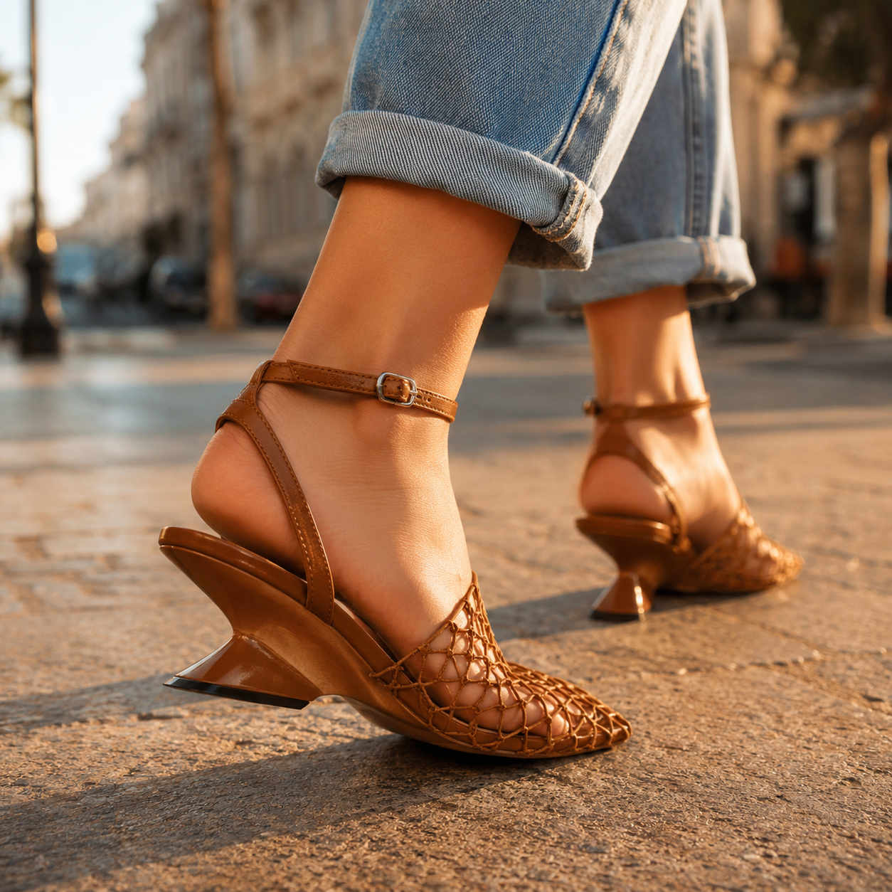 Women's Heels Square-Toe Mesh Lattice Slingback Geometric Block