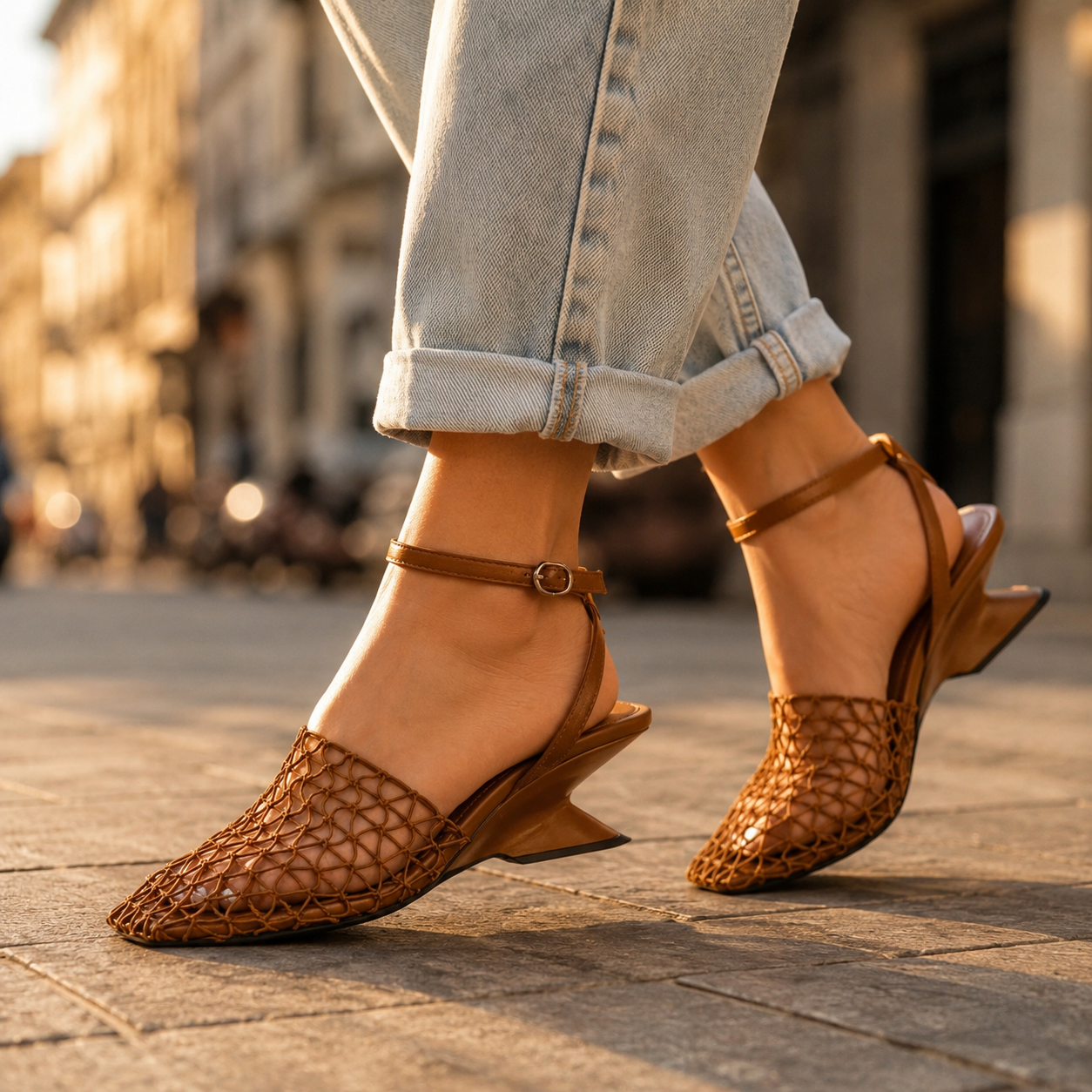 Women's Heels Square-Toe Mesh Lattice Slingback Geometric Block