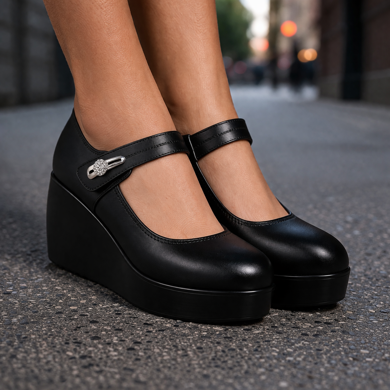 Women's Mary Jane Platform Wedge Heels with Silver Buckle