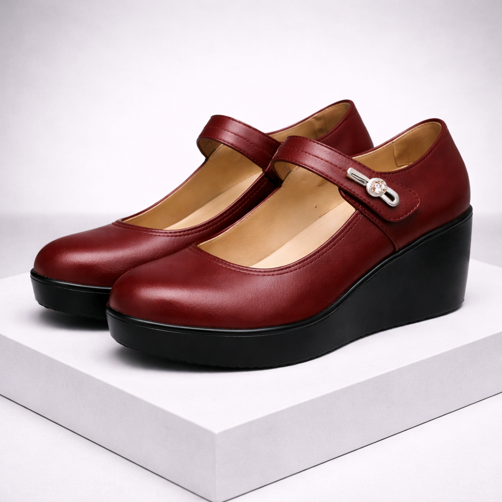 Women's Mary Jane Platform Wedge Heels with Silver Buckle