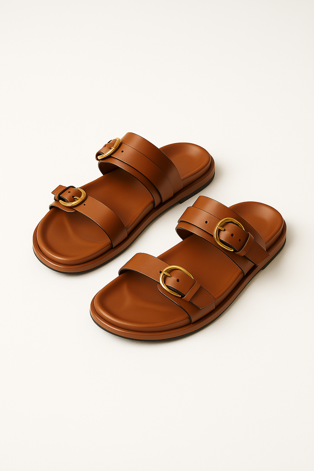 Women's Slide Sandals with Dual Buckle Straps - Open Toe Flat Slide - Gold-Tone Hardware