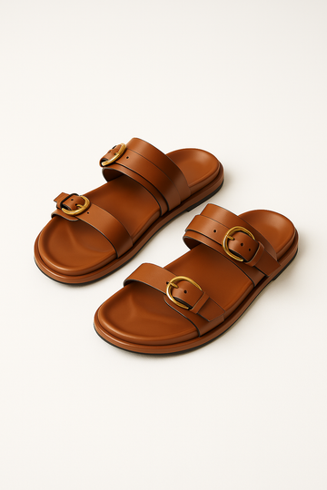 Women's Slide Sandals with Dual Buckle Straps - Open Toe Flat Slide - Gold-Tone Hardware