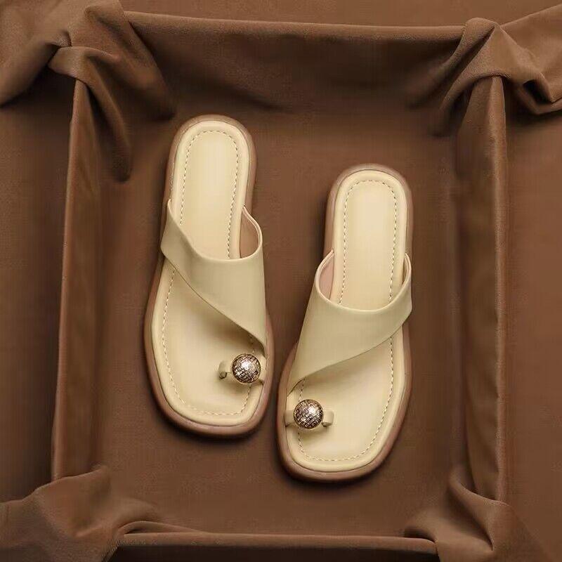 Women's Thong Sandals - Square Toe - Single Band - Metal Toe Post Detail