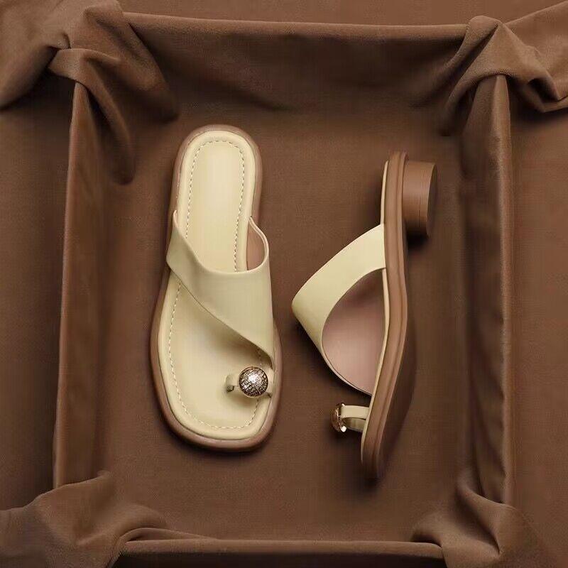Women's Thong Sandals - Square Toe - Single Band - Metal Toe Post Detail