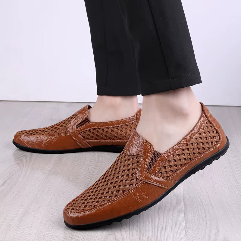 Men’s Round Toe Mesh Faux Leather Loafers with Breathable Perforated Upper