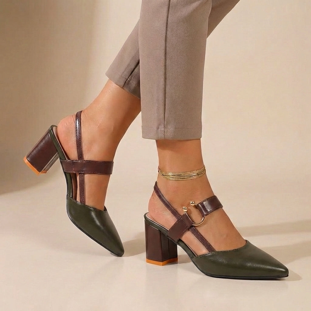 Women’s Pointed Toe Slingback Heeled Shoes with Block Heel and Strap Detail