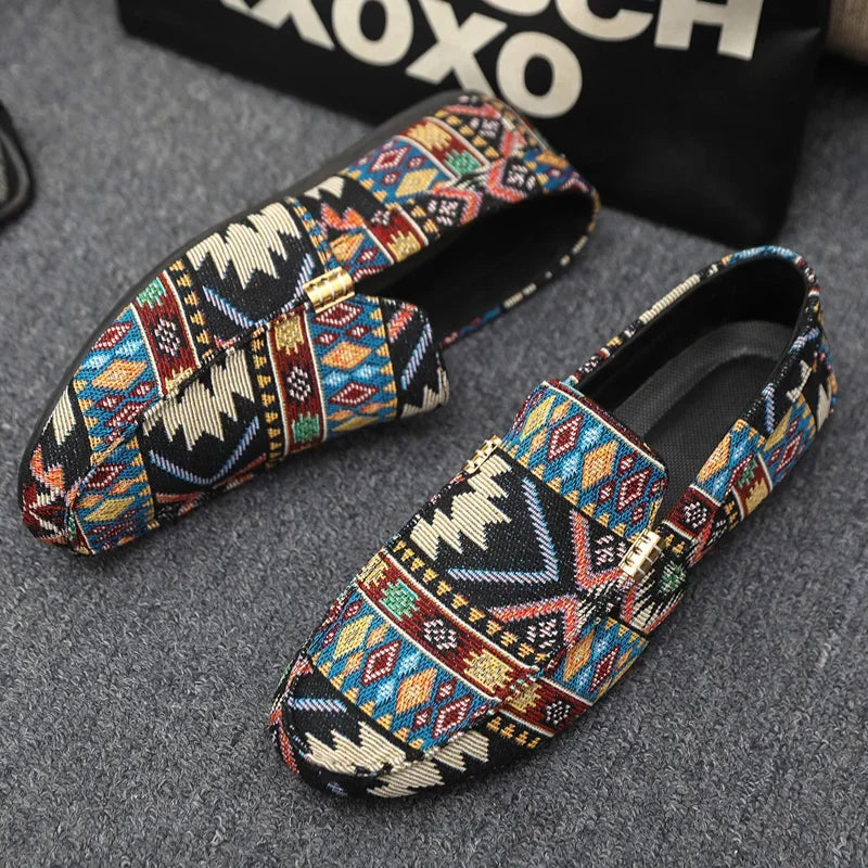 Men's Slip-On Canvas Loafers - Round Toe - Geometric Print - Flat Sole