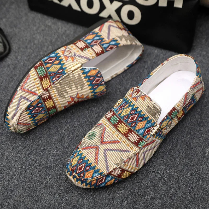 Men's Slip-On Canvas Loafers - Round Toe - Geometric Print - Flat Sole