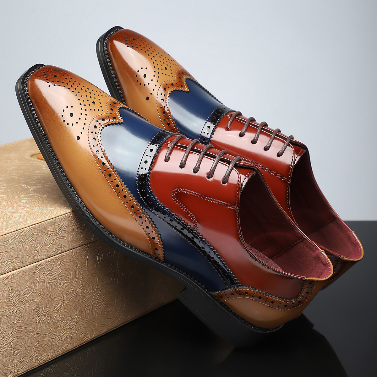 Men’s Lace-Up Wingtip Brogue Dress Shoes with Perforated Detailing