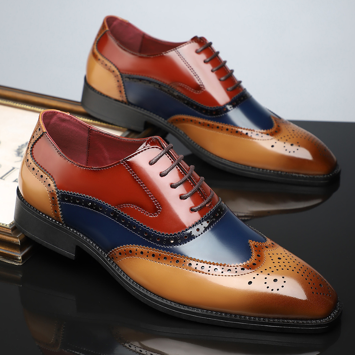 Men’s Lace-Up Wingtip Brogue Dress Shoes with Perforated Detailing