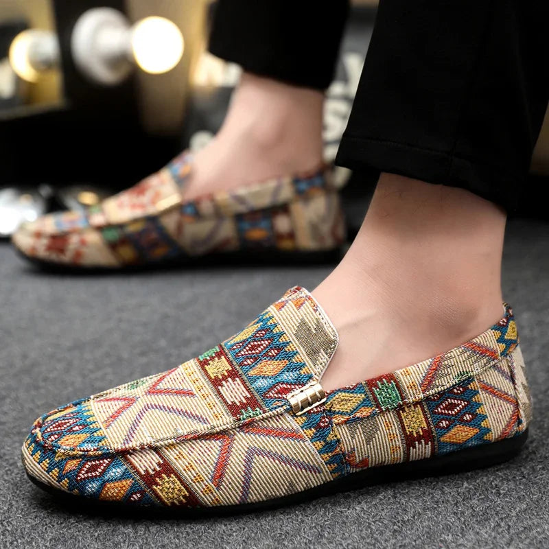 Men's Slip-On Canvas Loafers - Round Toe - Geometric Print - Flat Sole