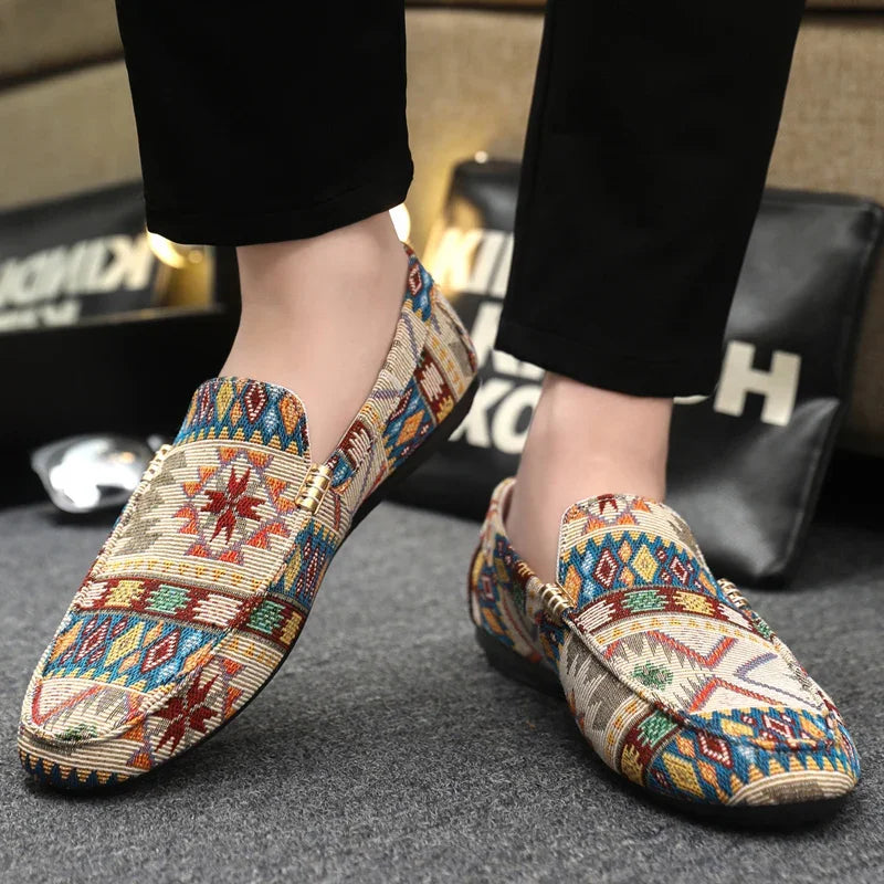 Men's Slip-On Canvas Loafers - Round Toe - Geometric Print - Flat Sole
