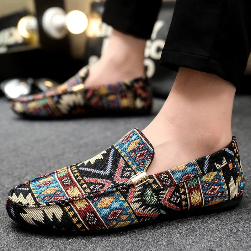 Men's Slip-On Canvas Loafers - Round Toe - Geometric Print - Flat Sole