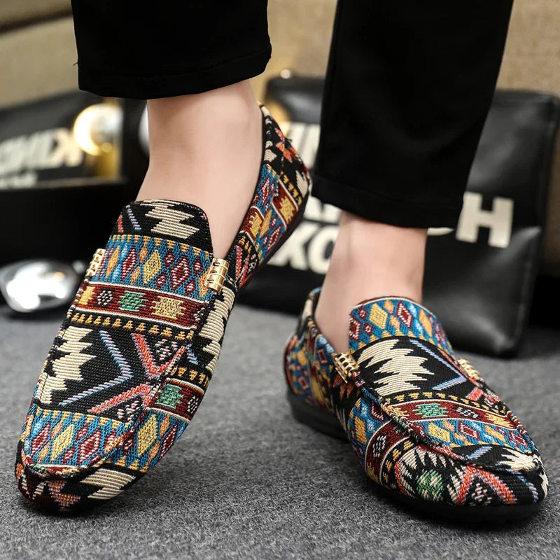 Men's Slip-On Canvas Loafers - Round Toe - Geometric Print - Flat Sole