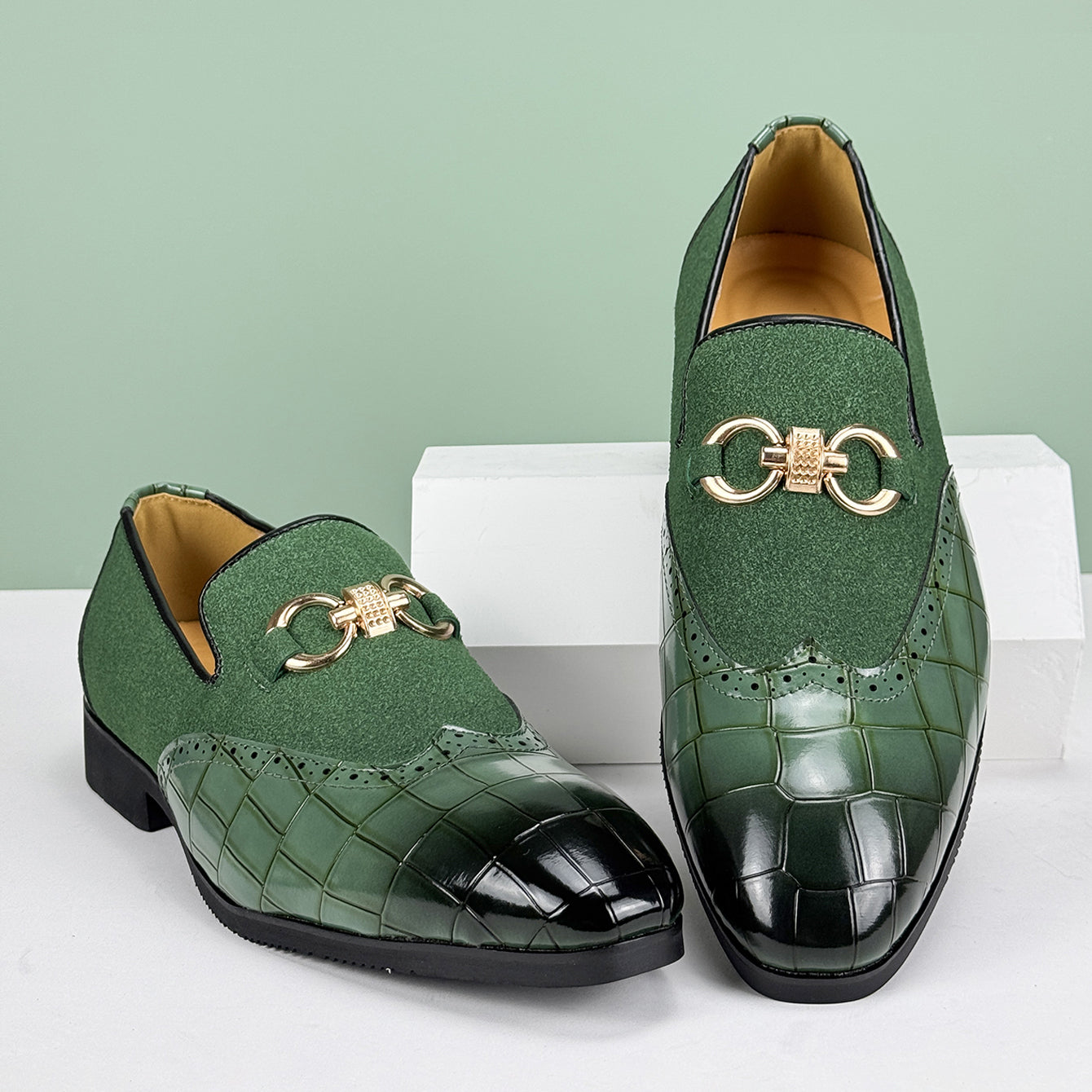 Men’s Slip-On Loafers with Almond Toe, Metal Bit Detail, and Low Block Heel