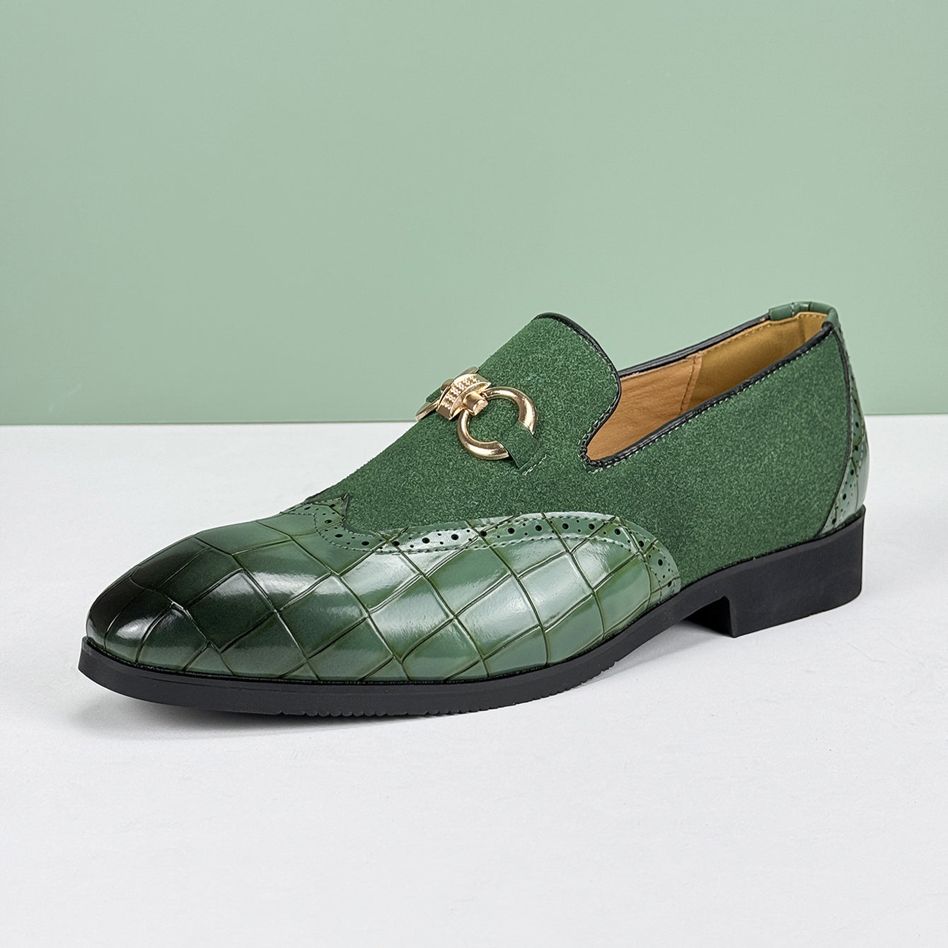 Men’s Slip-On Loafers with Almond Toe, Metal Bit Detail, and Low Block Heel