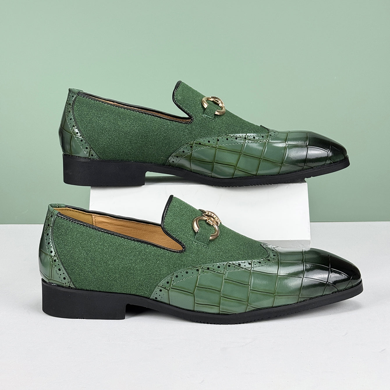 Men’s Slip-On Loafers with Almond Toe, Metal Bit Detail, and Low Block Heel