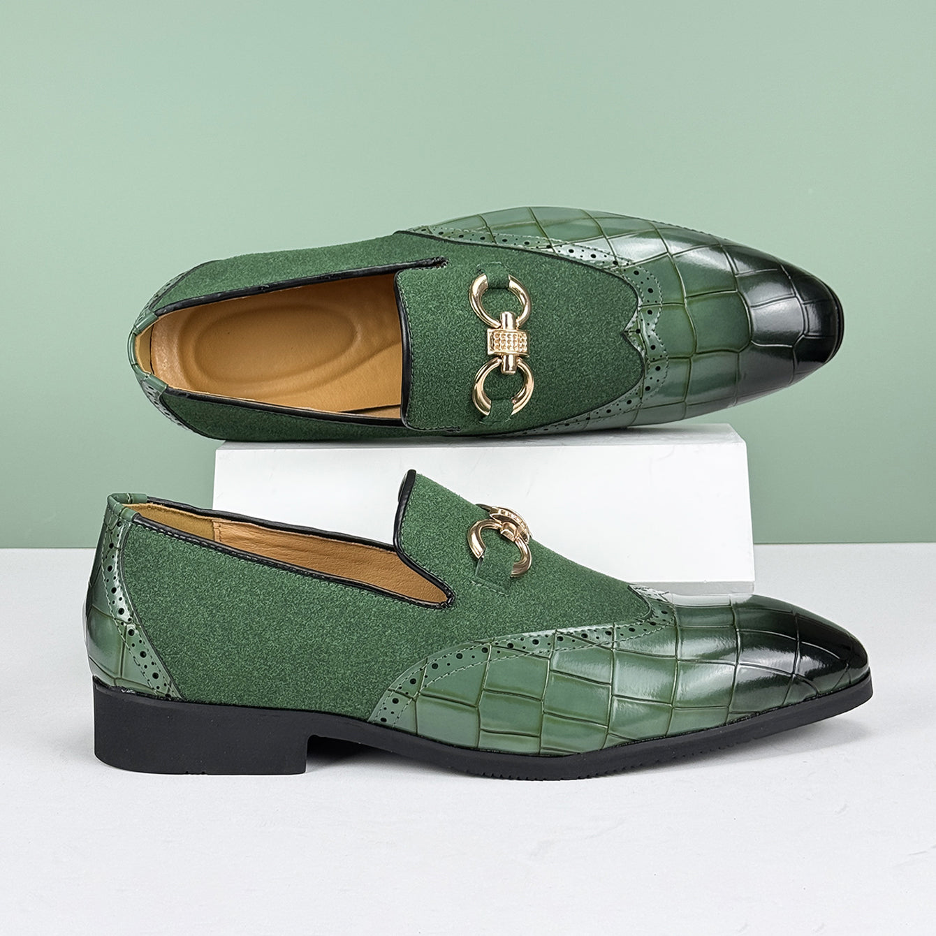 Men’s Slip-On Loafers with Almond Toe, Metal Bit Detail, and Low Block Heel