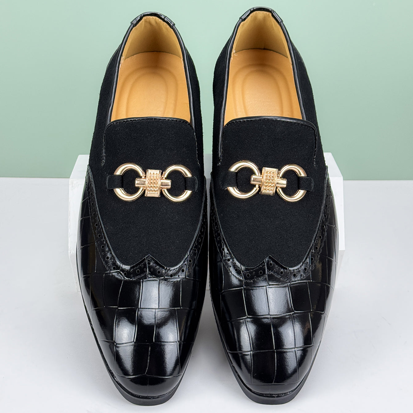 Men’s Slip-On Loafers with Almond Toe, Metal Bit Detail, and Low Block Heel