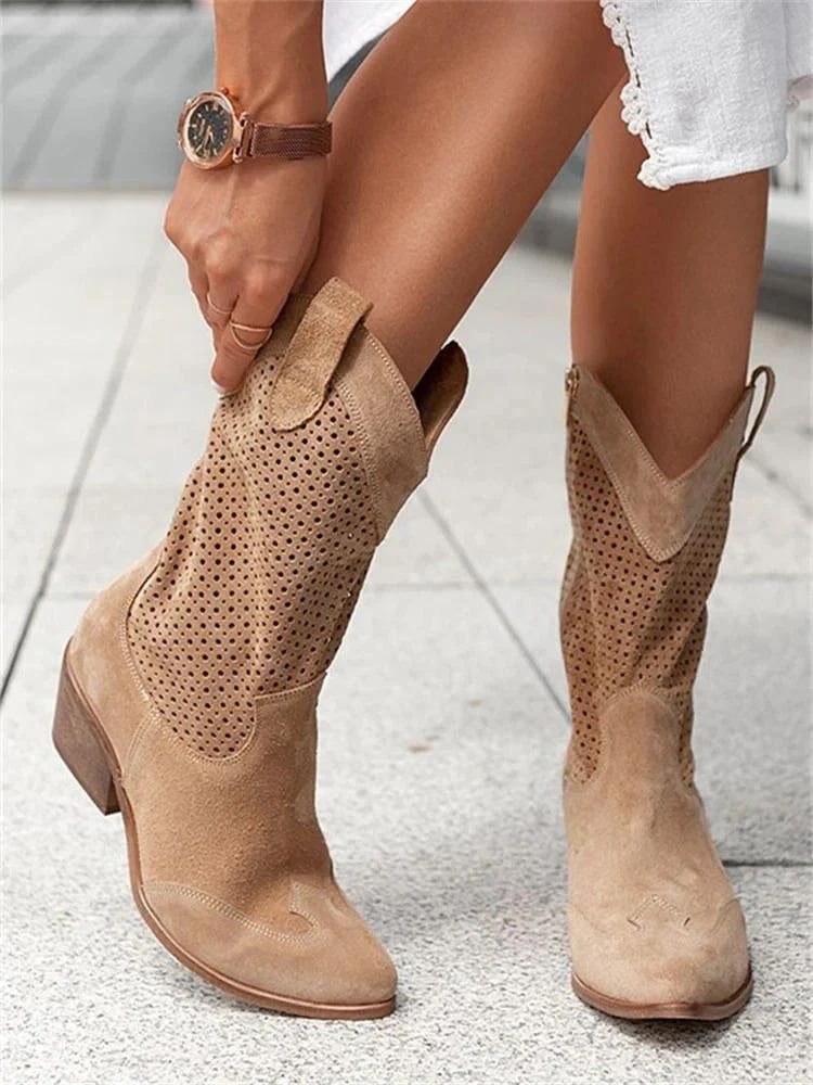 Women’s Perforated Western Boots with Block Heel