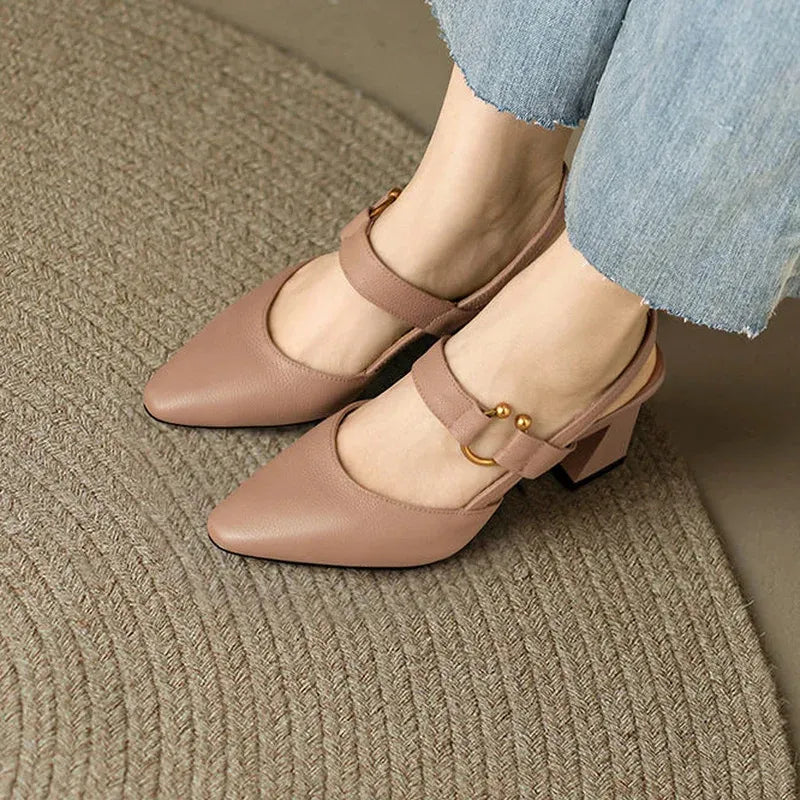 Women’s Pointed Toe Slingback Heels with Block Heel and Strap Detail