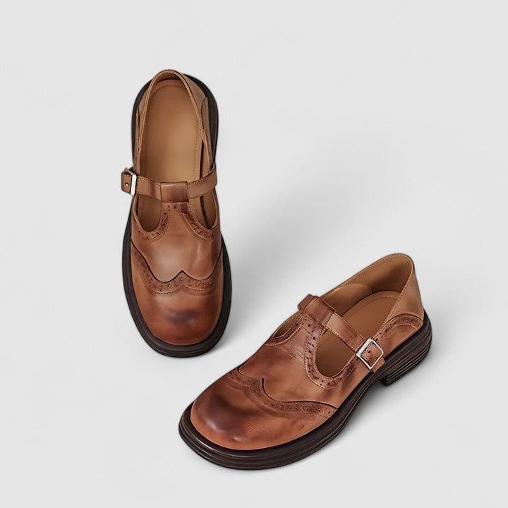 Women’s Leather T-Strap Mary Jane Shoes with Brogue Detailing
