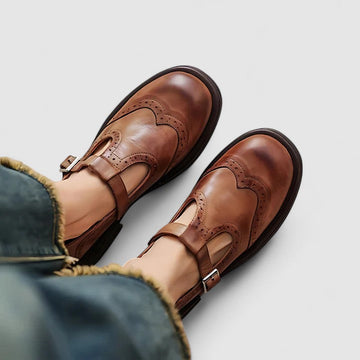 Women’s Leather T-Strap Mary Jane Shoes with Brogue Detailing