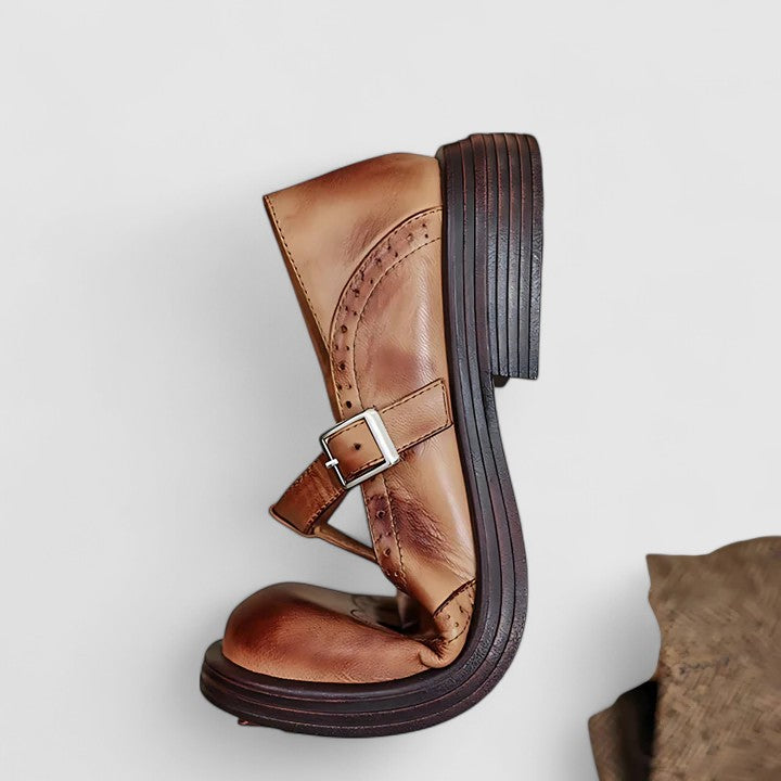 Women’s Leather T-Strap Mary Jane Shoes with Brogue Detailing