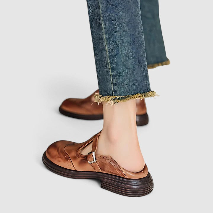 Women’s Leather T-Strap Mary Jane Shoes with Brogue Detailing