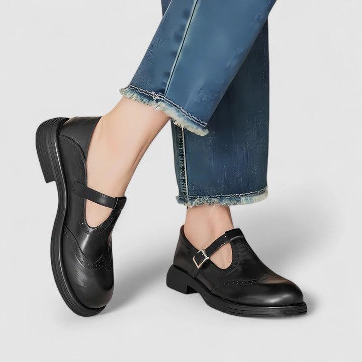 Women’s Leather T-Strap Mary Jane Shoes with Brogue Detailing