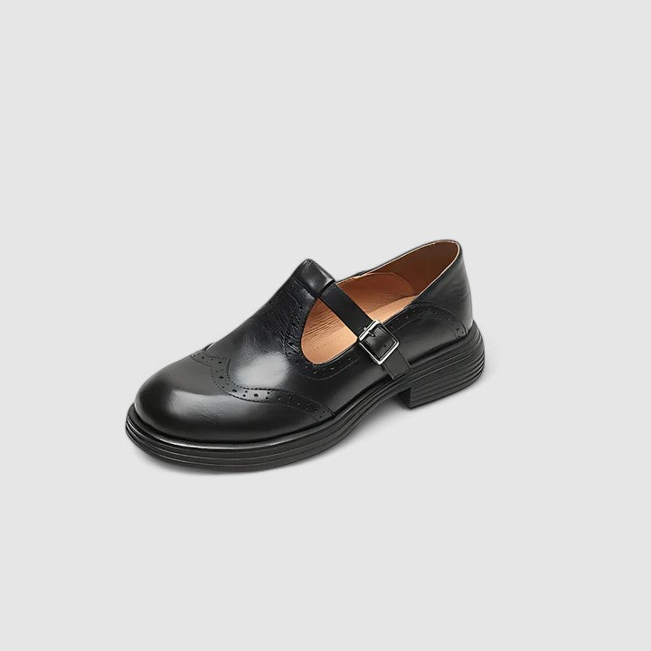 Women’s Leather T-Strap Mary Jane Shoes with Brogue Detailing